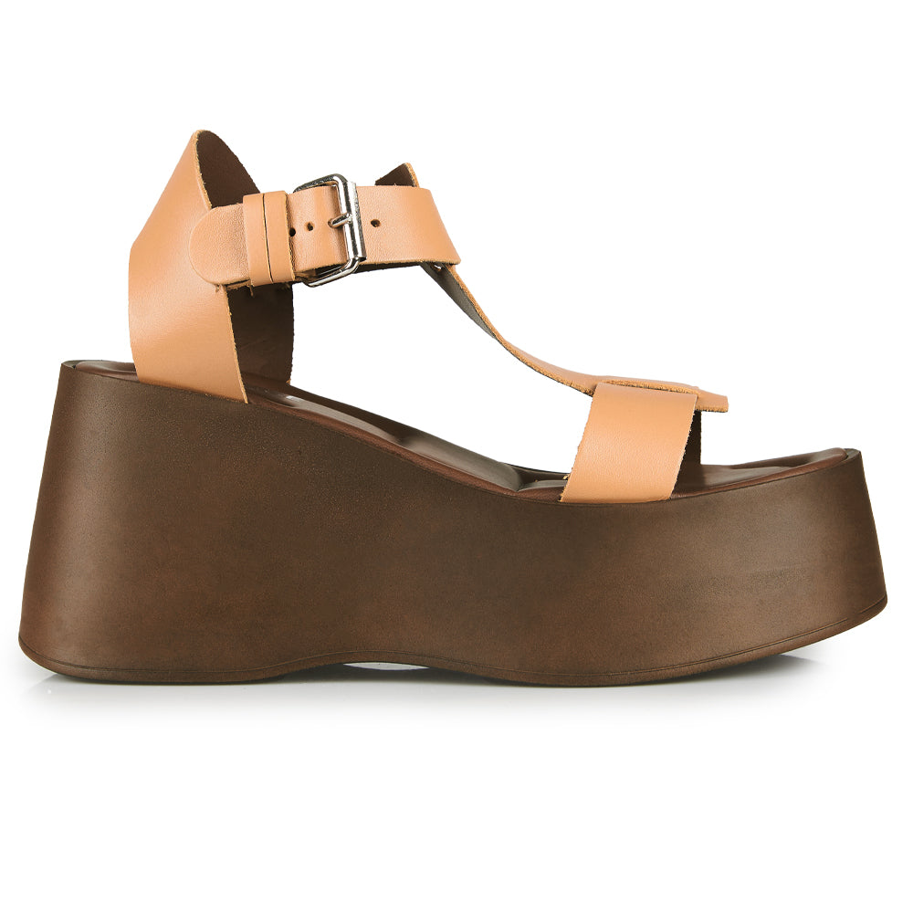 Sandali con zeppa in pelle cuoio