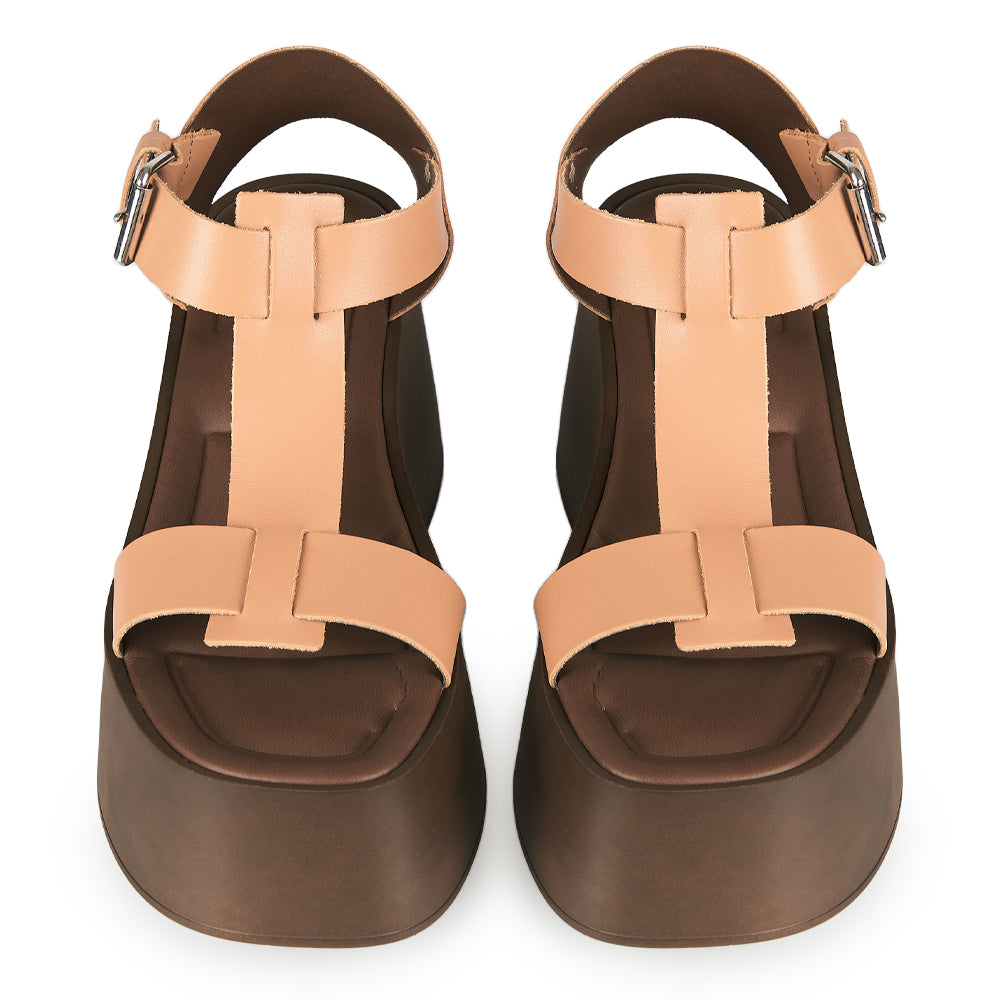 Sandali con zeppa in pelle cuoio