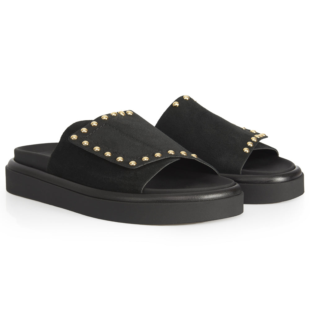 Mule plate en daim noir