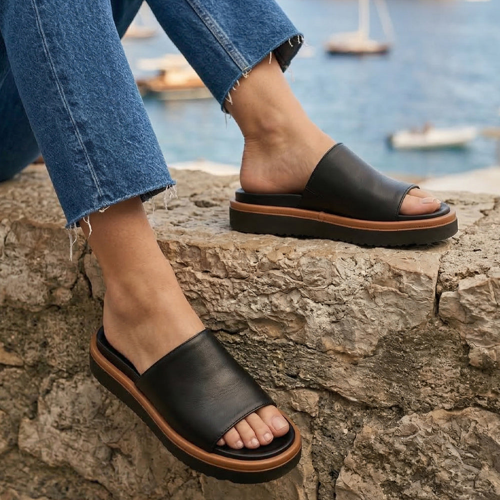 Slide flat in pelle nero