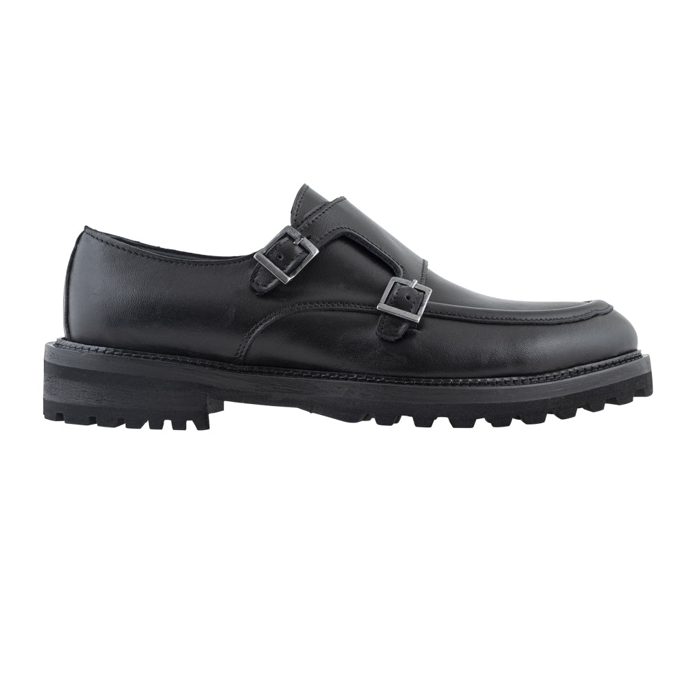 Men's double buckle shoe in black leather