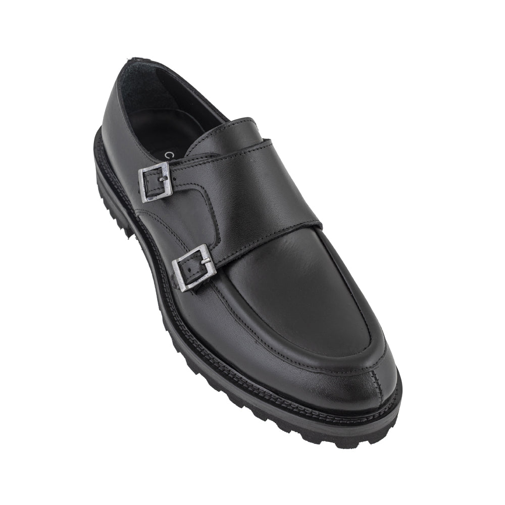 Men's double buckle shoe in black leather