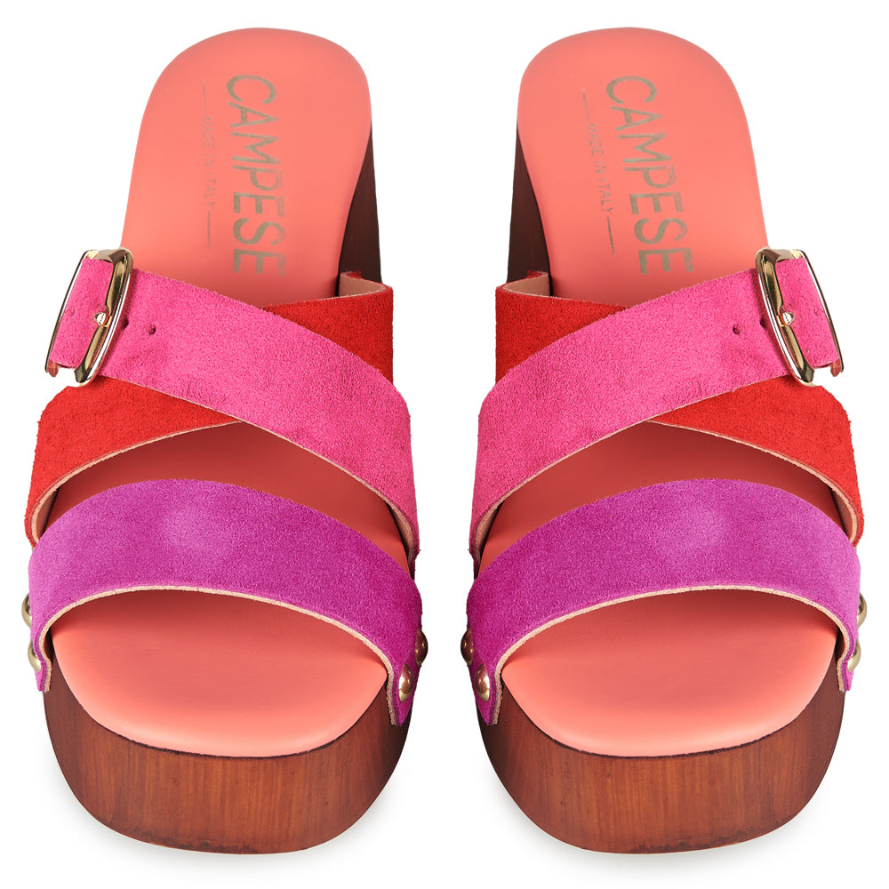 Zoccoli in Pelle con tomaia in camoscio fucsia e rosso