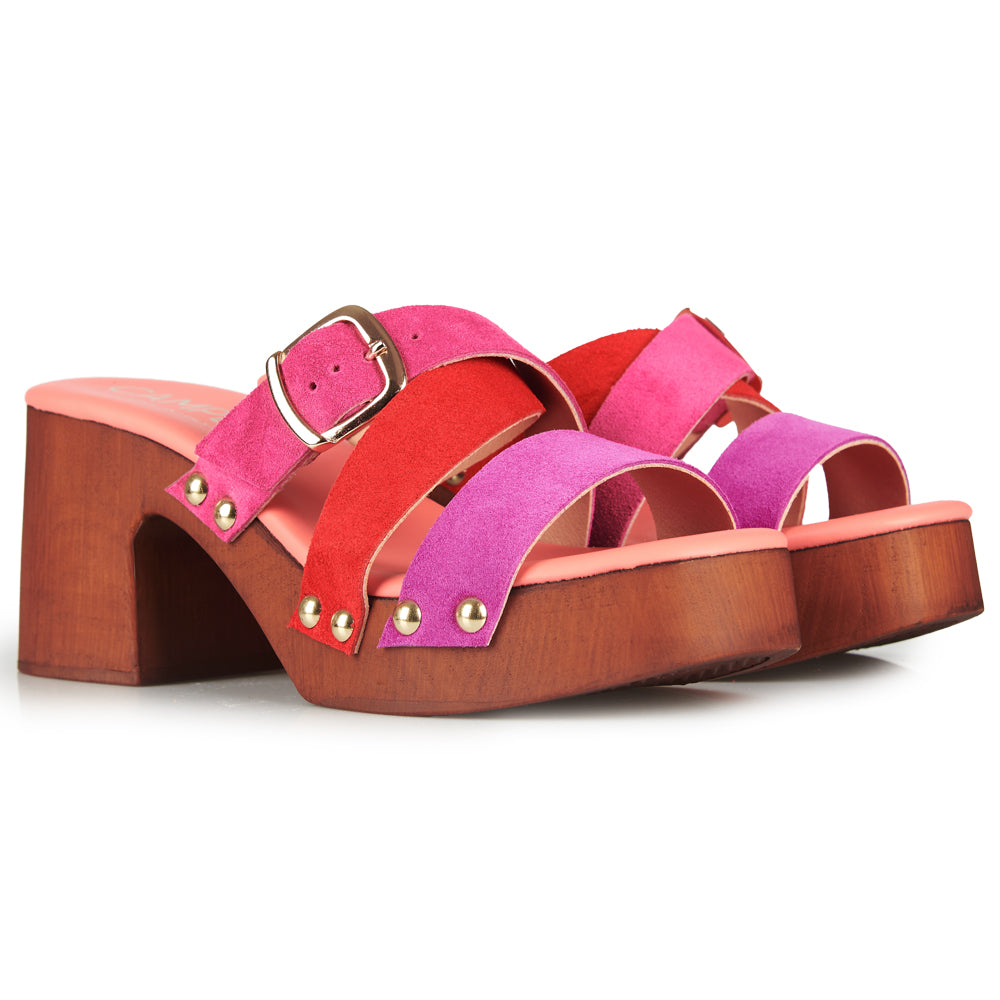 Zoccoli in Pelle con tomaia in camoscio fucsia e rosso