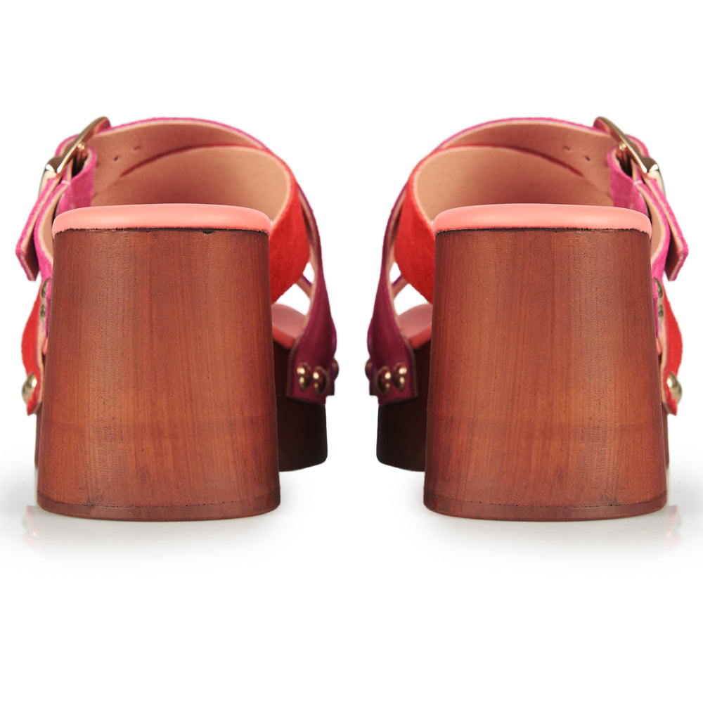 Zoccoli in Pelle con tomaia in camoscio fucsia e rosso