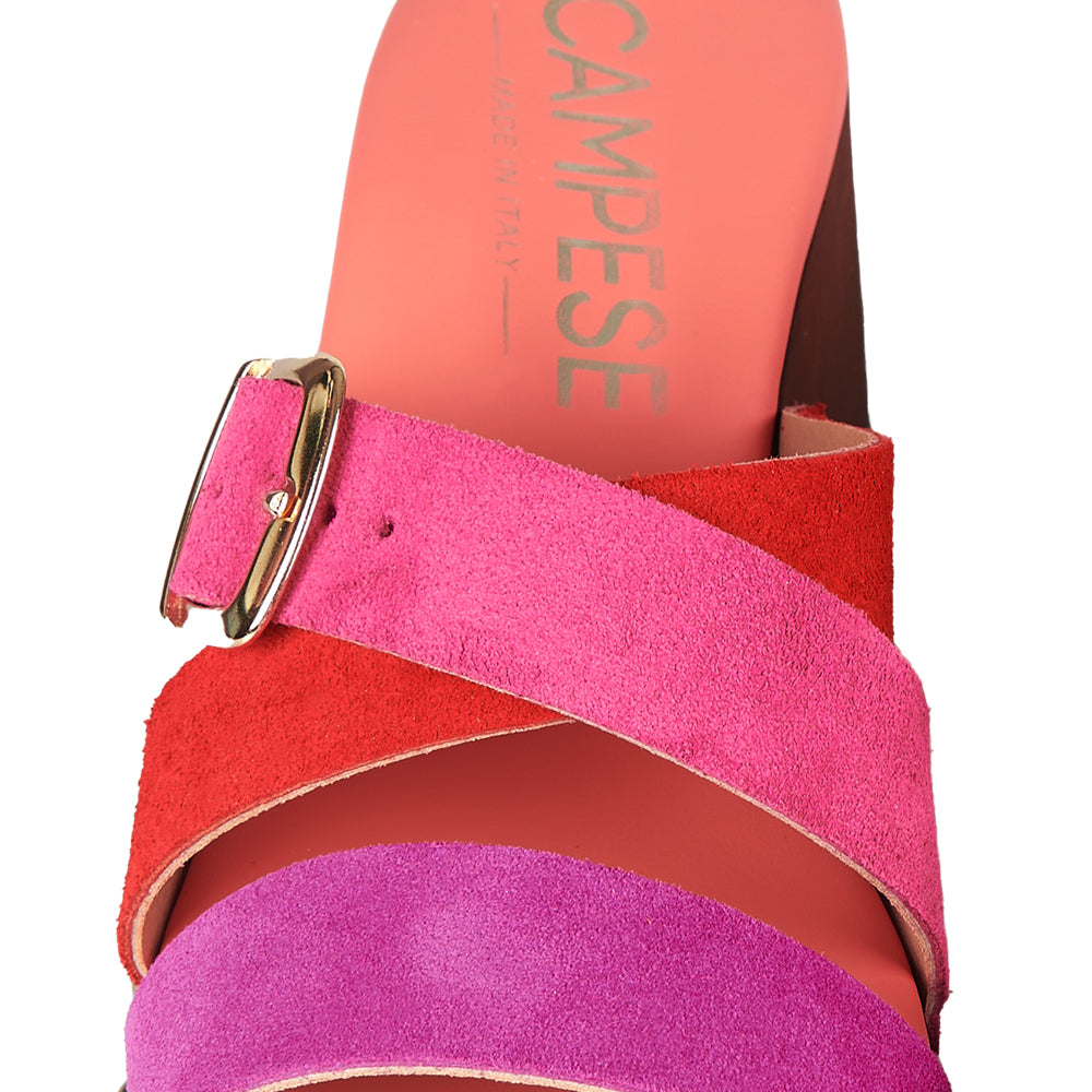 Zoccoli in Pelle con tomaia in camoscio fucsia e rosso