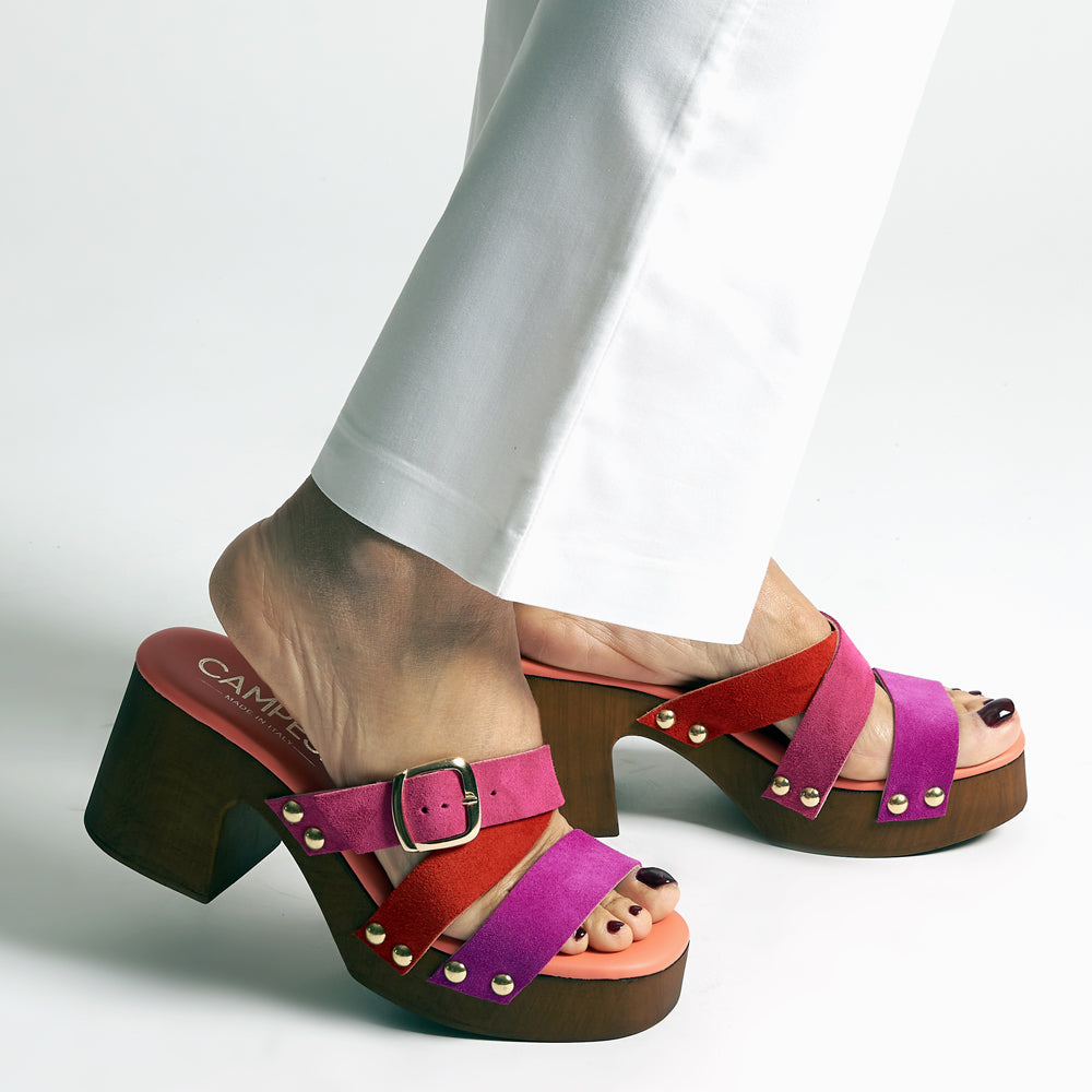 Zoccoli in Pelle con tomaia in camoscio fucsia e rosso