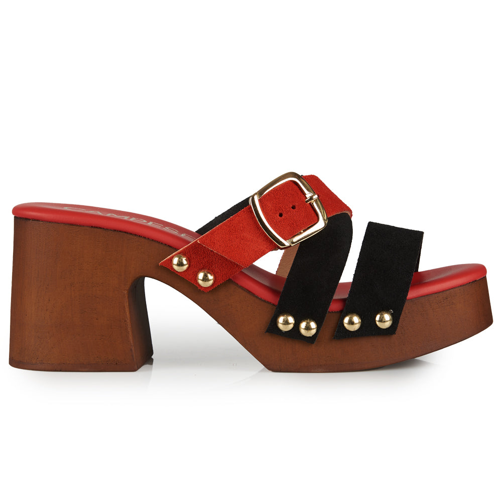 Zoccoli in Pelle con tomaia in camoscio rosso e nero