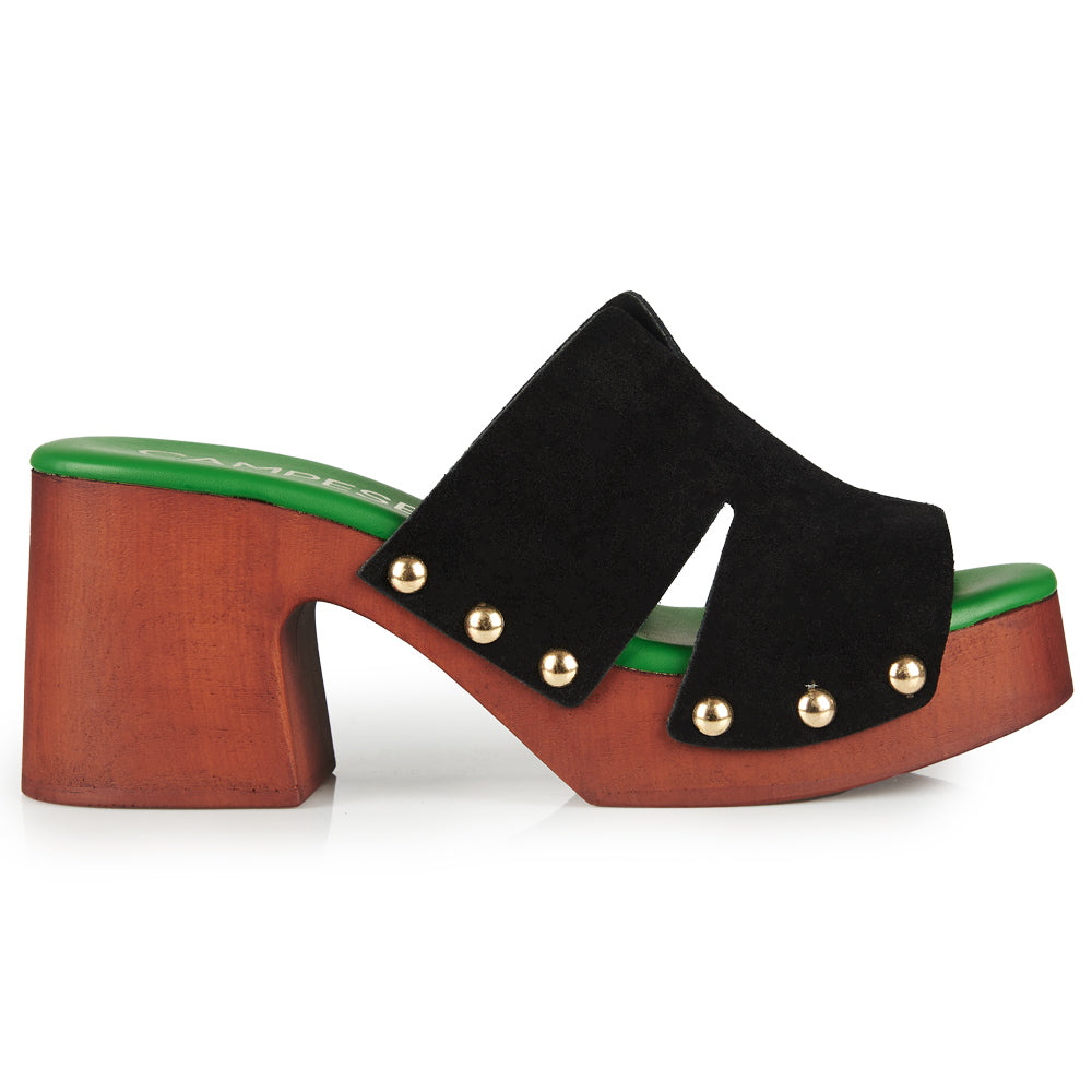 Zoccoli in pelle con tomaia in camoscio Nero