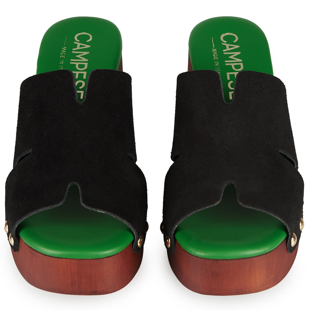 Zoccoli in pelle con tomaia in camoscio Nero