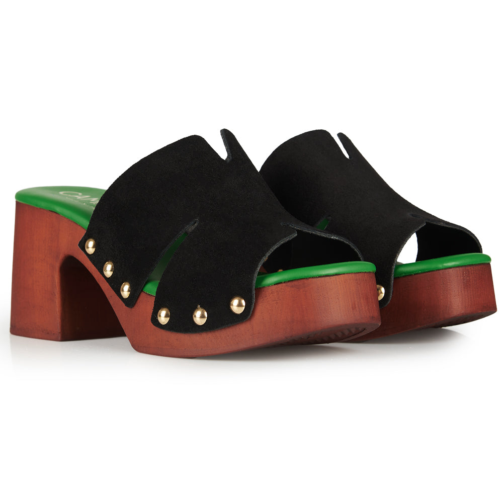 Zoccoli in pelle con tomaia in camoscio Nero