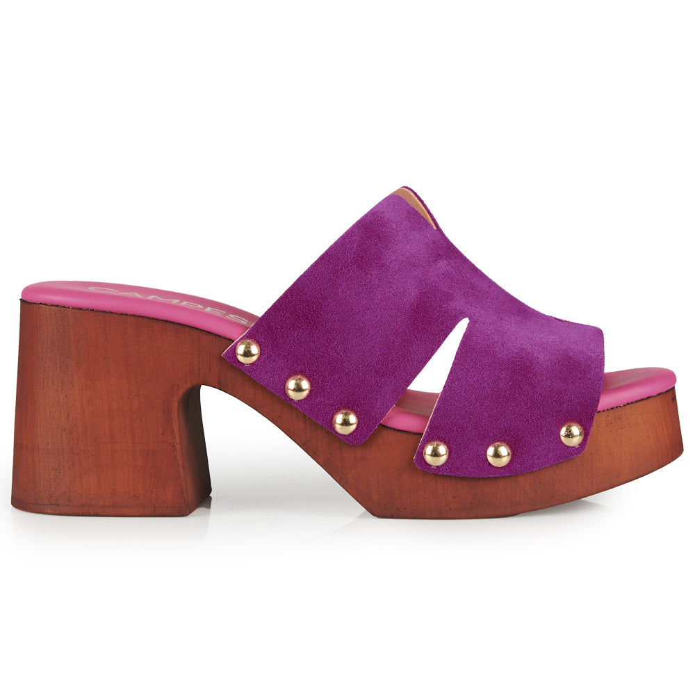 Zoccoli in pelle con tomaia in camoscio Viola