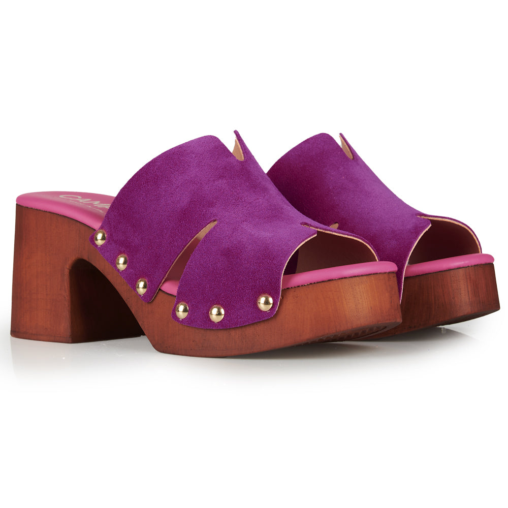 Zoccoli in pelle con tomaia in camoscio Viola