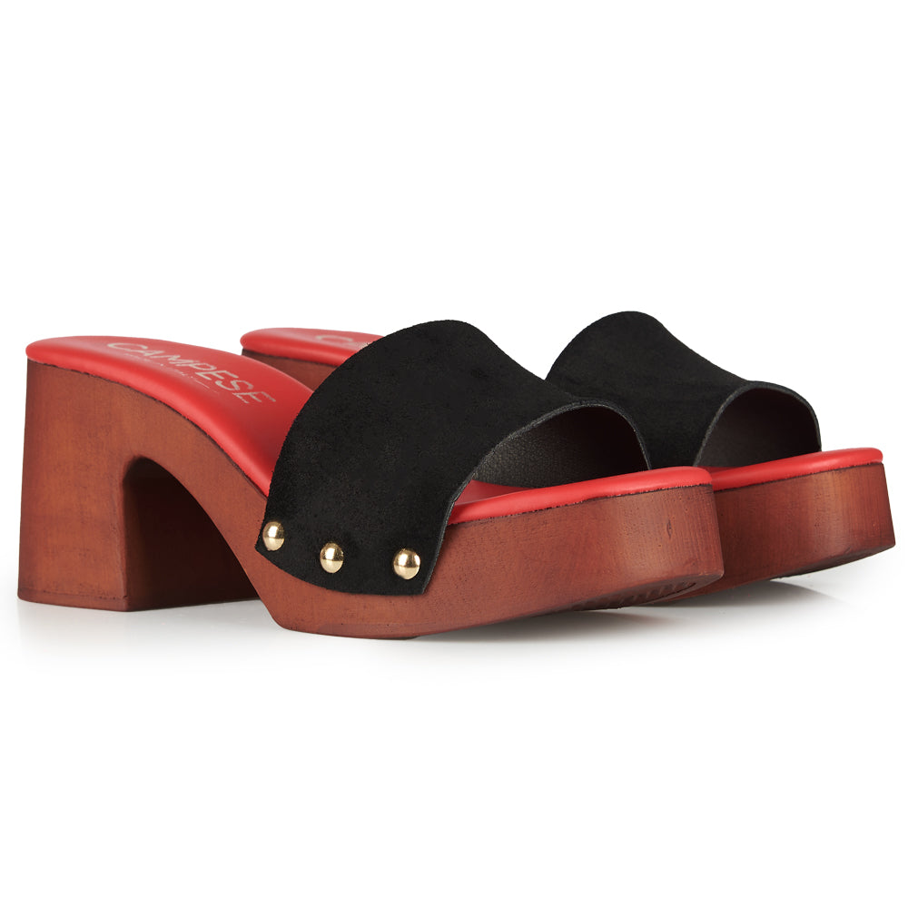 Zoccoli in pelle con tomaia in camoscio Nero