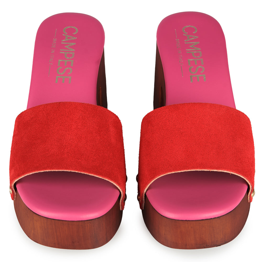 Zoccoli in pelle con tomaia in camoscio Rosso