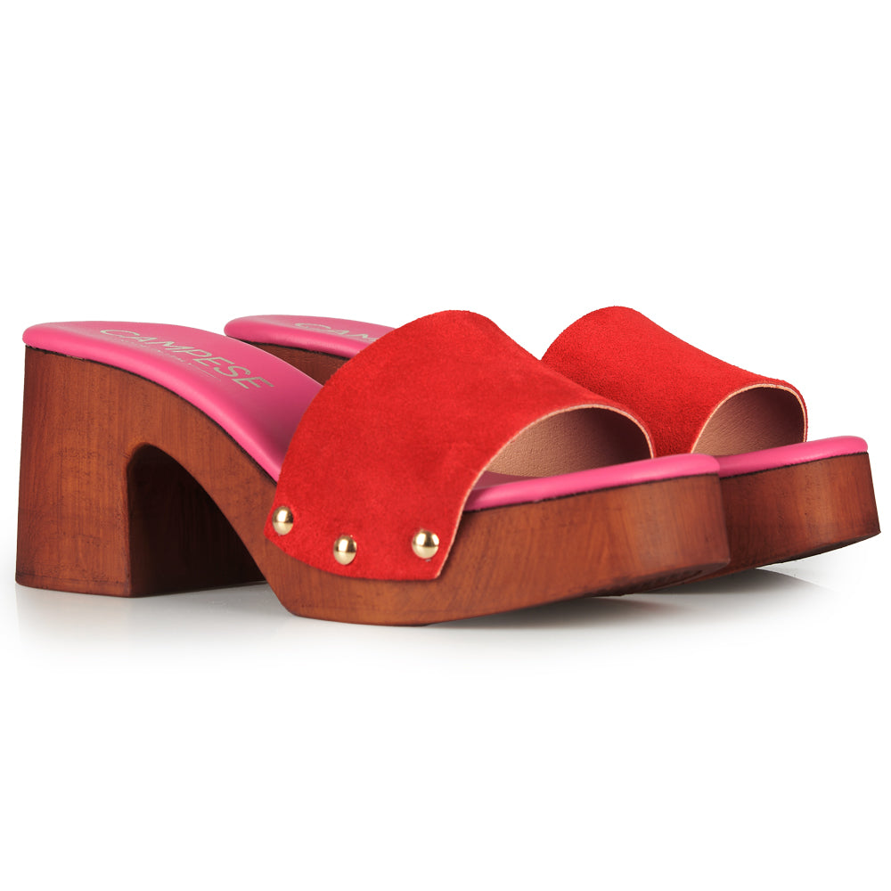 Zoccoli in pelle con tomaia in camoscio Rosso