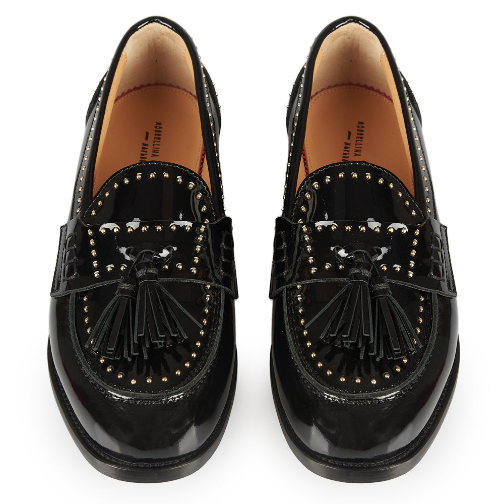 Mocassino penny vernice nera con borchie