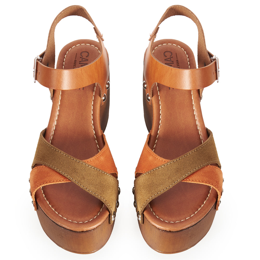 Sandalo Platform effetto legno in Camoscio Antilope e Cognac