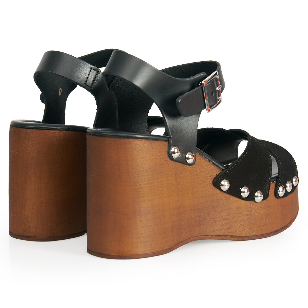 sandale à plateforme en daim noir effet bois