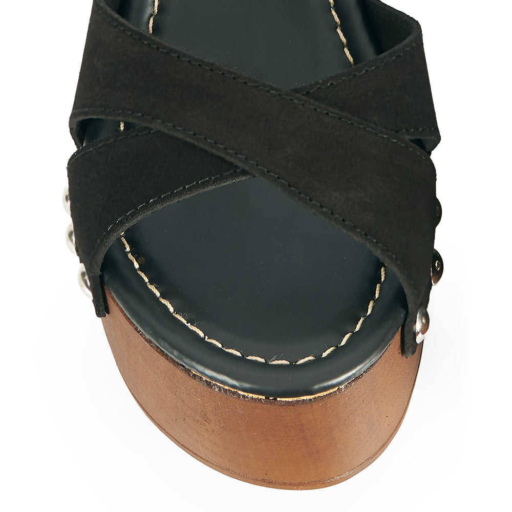 sandale à plateforme en daim noir effet bois