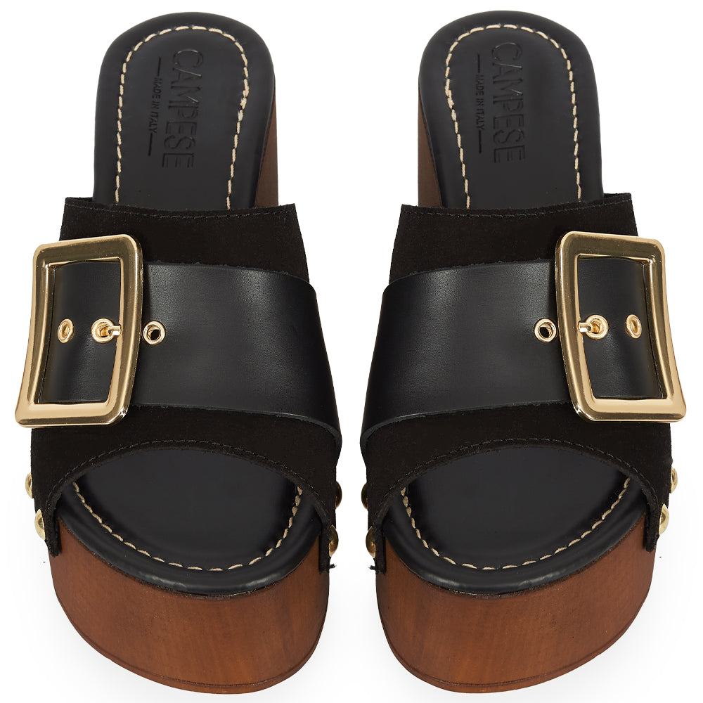 sandale compensée en daim noir effet bois