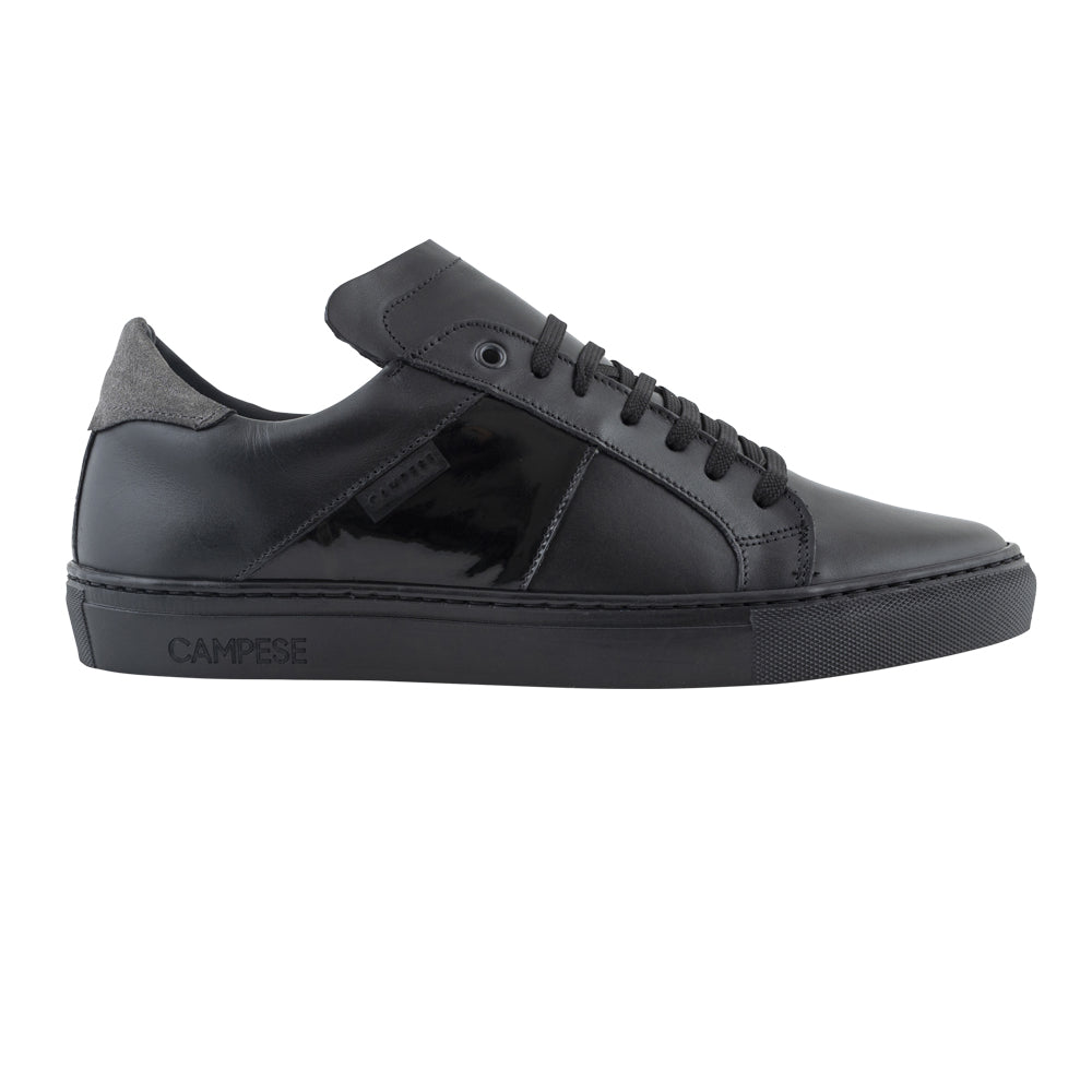 Black leather sneakers with patent leather insert