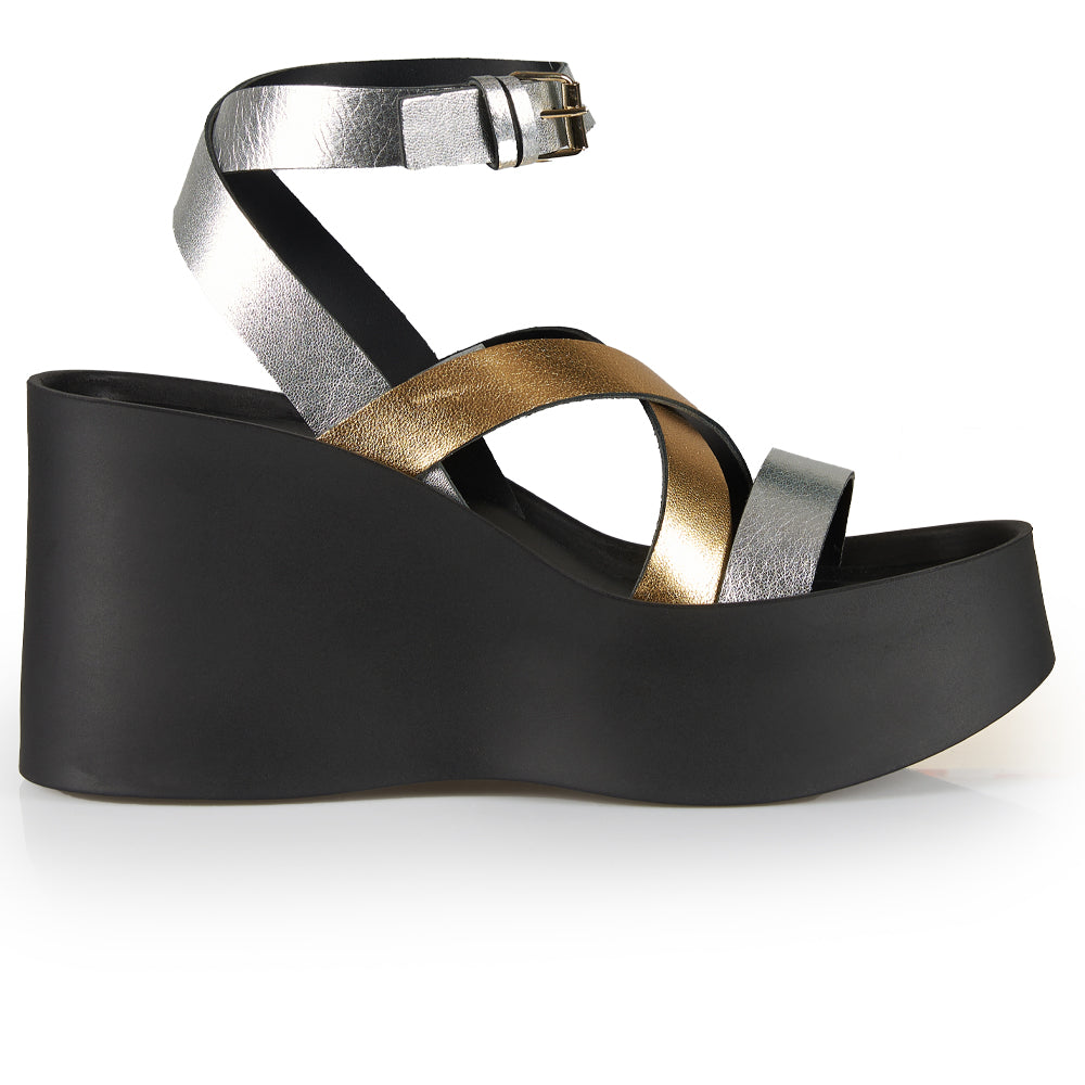 Sandali con zeppa doppia fascia oro e argento