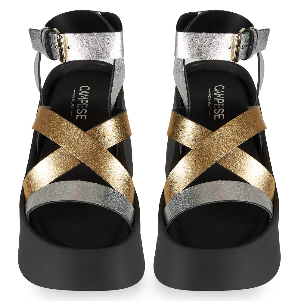 Sandali con zeppa doppia fascia oro e argento