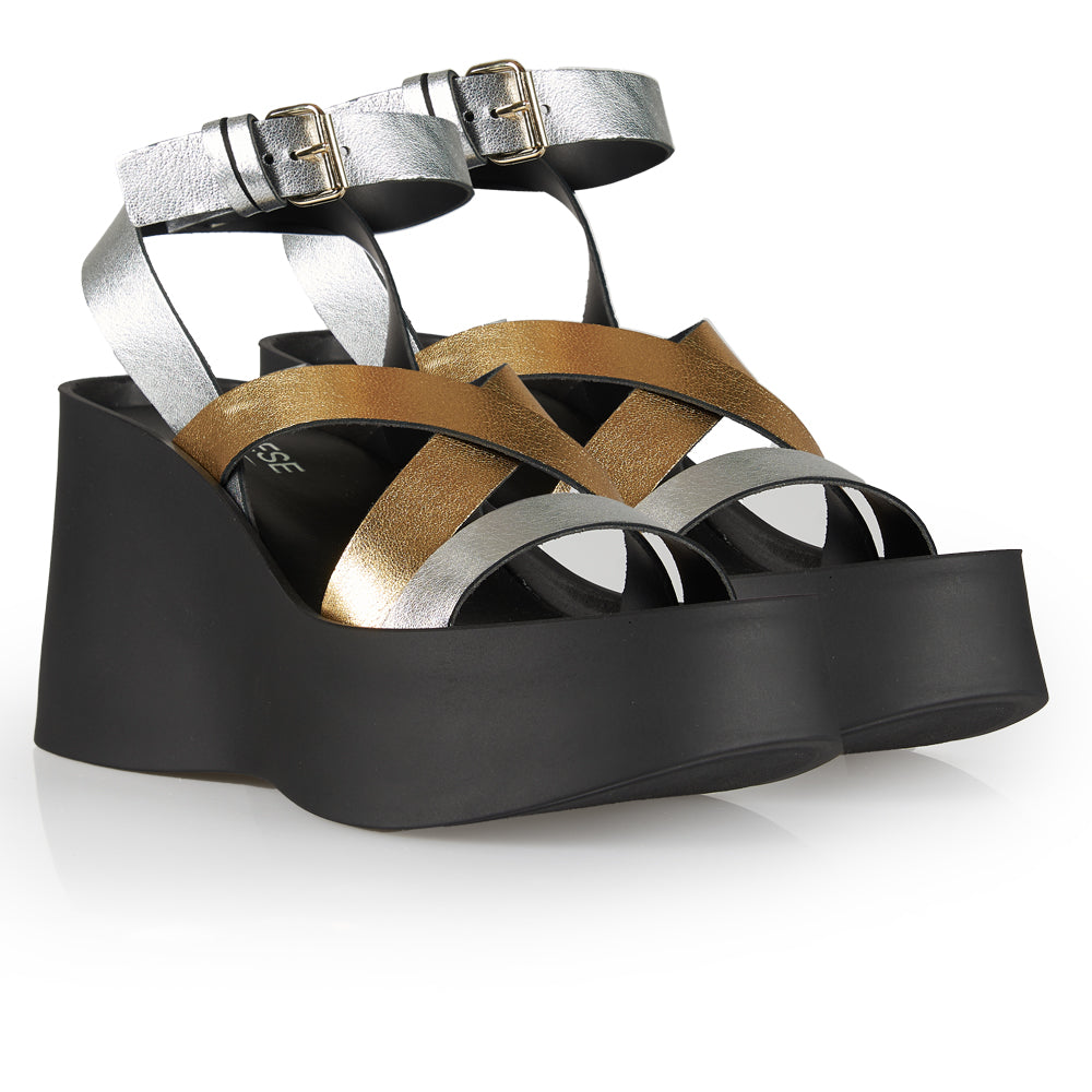 Sandali con zeppa doppia fascia oro e argento