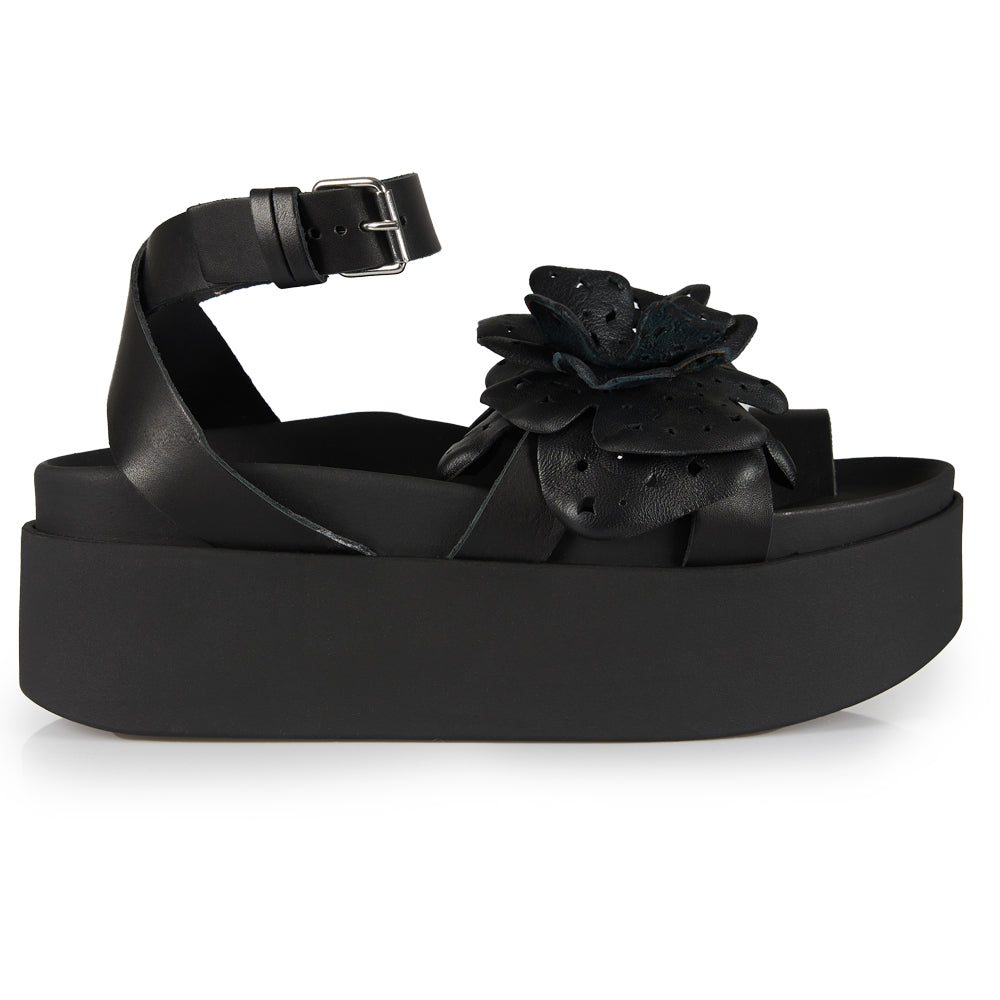 Sandali con zeppa nera e fiore in pelle nera