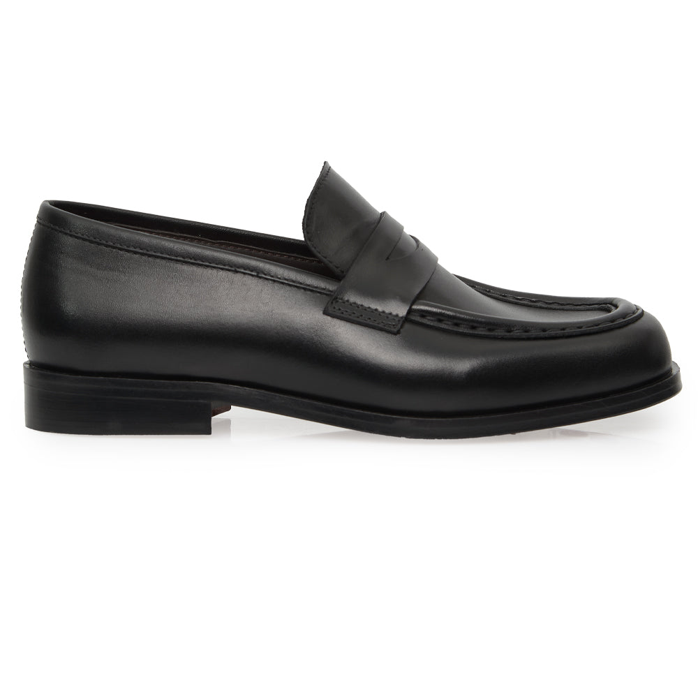 Mocassino Penny Loafer in Pelle Spazzolata Nera con Suola in Gomma
