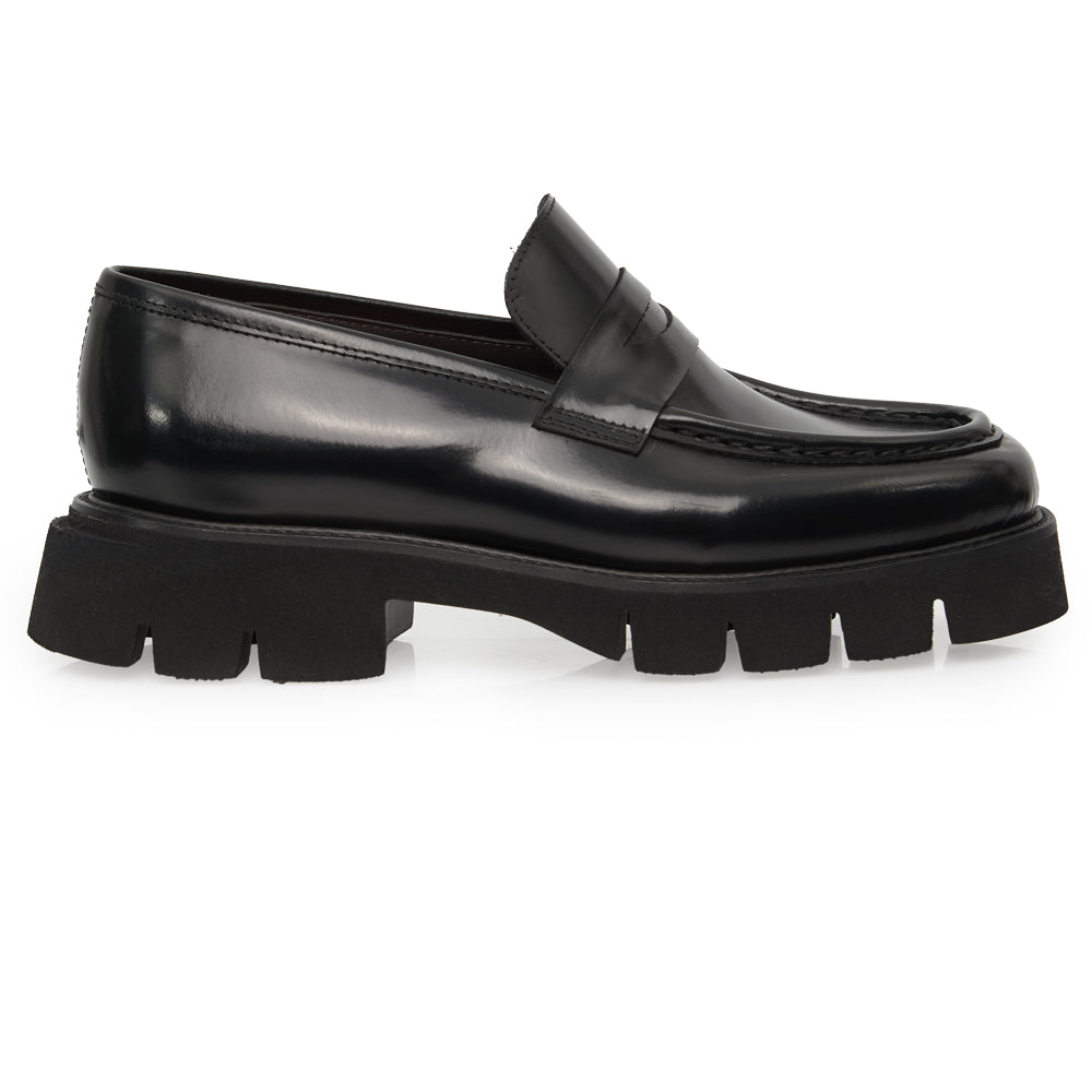 Mocassino Penny Loafer in Pelle Spazzolata Nera con Suola Chunky Lug