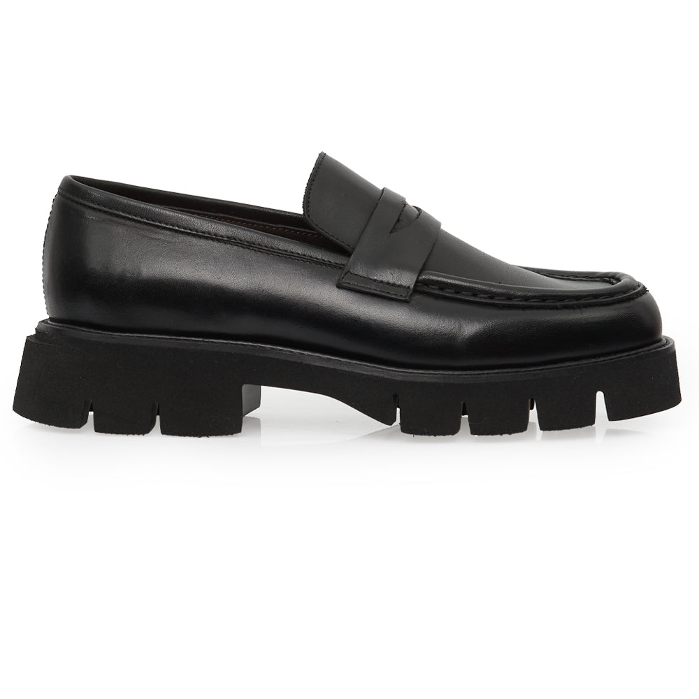 Mocassino Penny Loafer in Pelle liscia Nera con Suola Chunky Lug