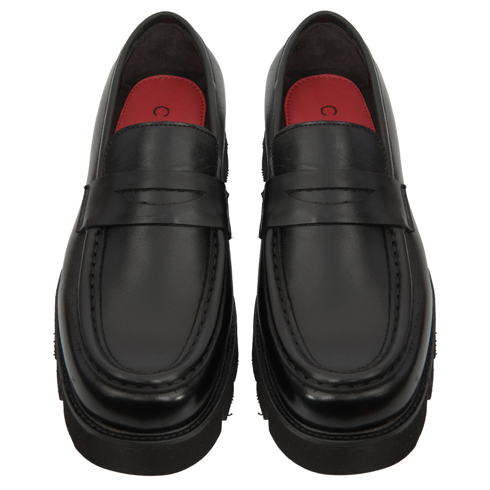 Mocassino Penny Loafer in Pelle liscia Nera con Suola Chunky Lug