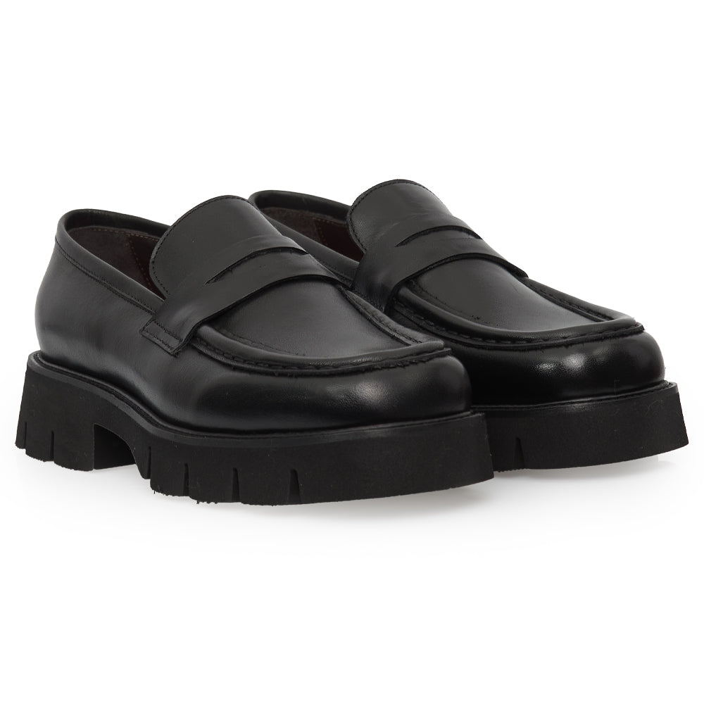 Mocassino Penny Loafer in Pelle liscia Nera con Suola Chunky Lug
