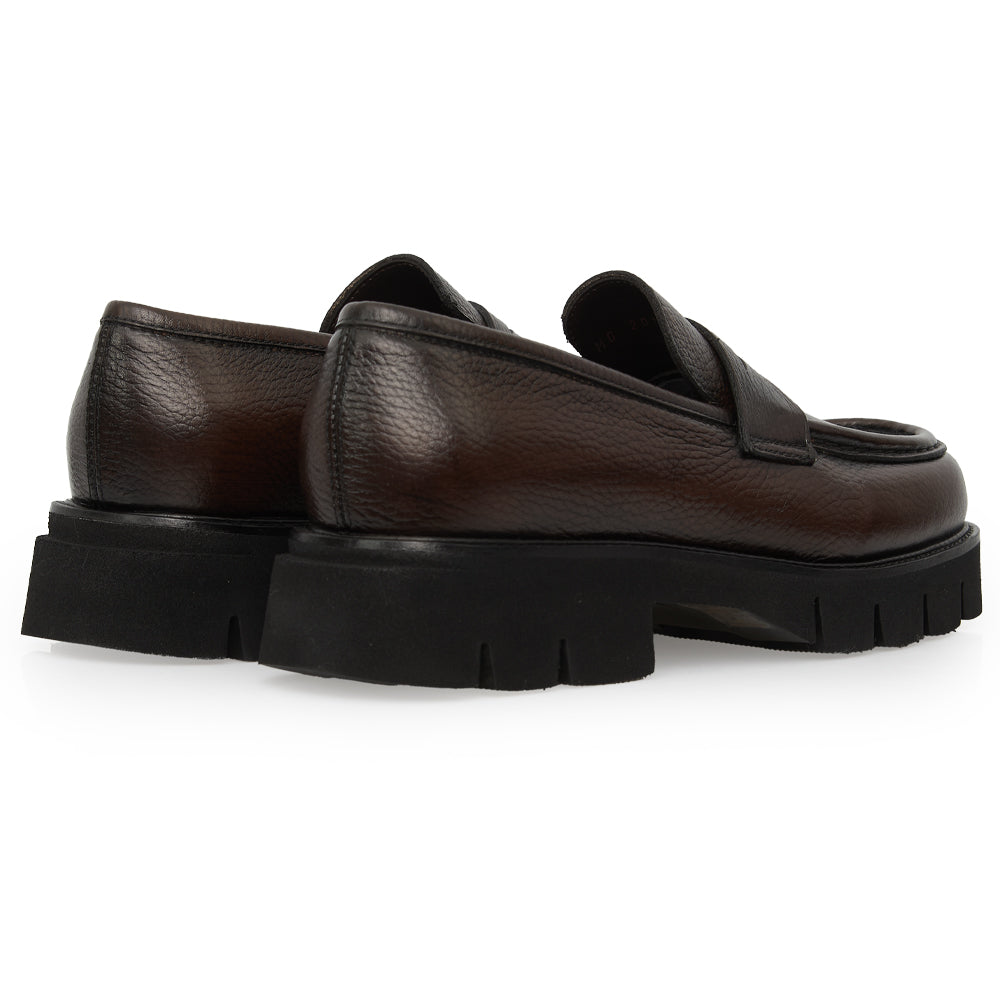 Mocassino Penny Loafer in Pelle Martellata Testa di moro con Suola Chunky Lug