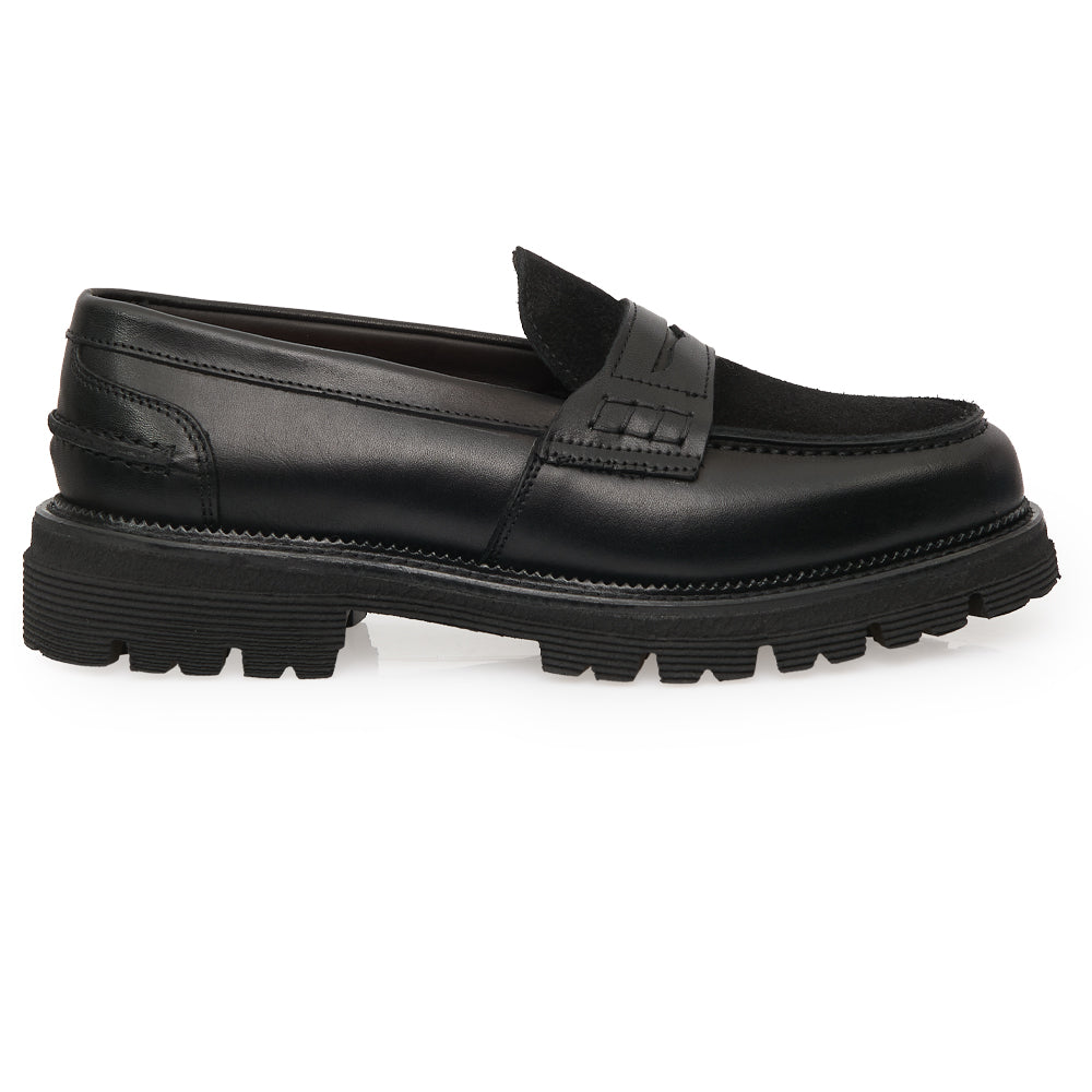 Mocassin Penny Loafer en Cuir Noir avec Semelle Intérieure en Daim et Semelle à Gousset