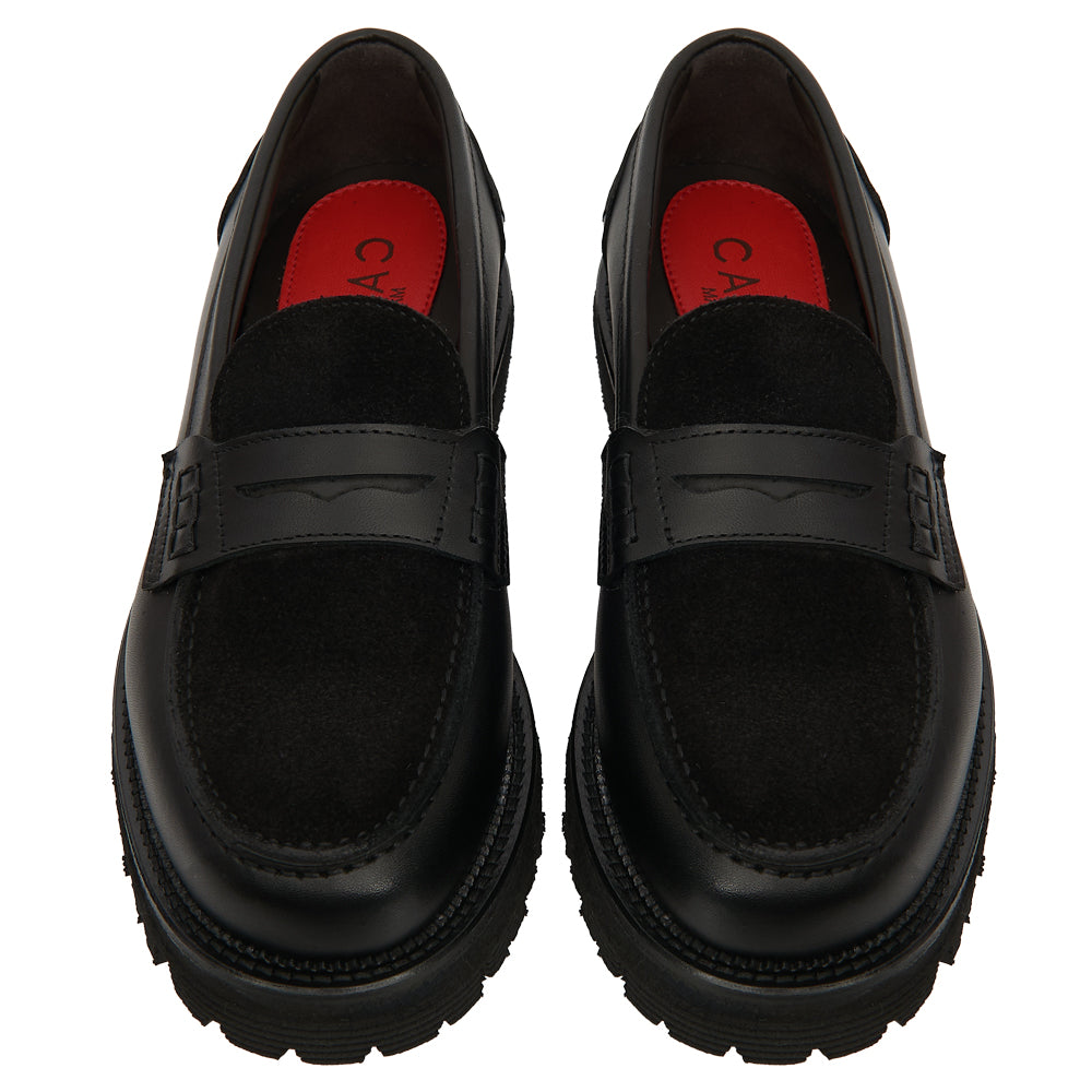 Mocassin Penny Loafer en Cuir Noir avec Semelle Intérieure en Daim et Semelle à Gousset