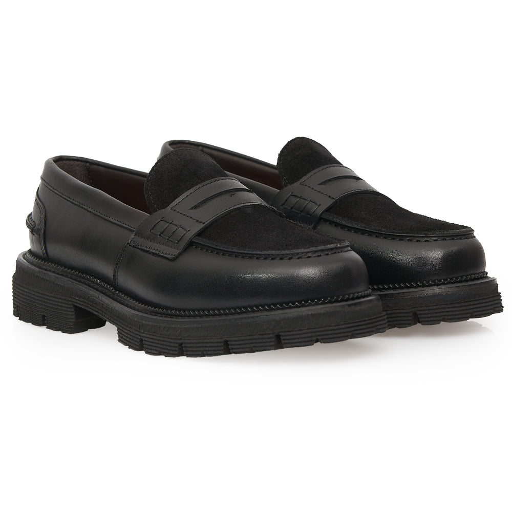 Mocassin Penny Loafer en Cuir Noir avec Semelle Intérieure en Daim et Semelle à Gousset