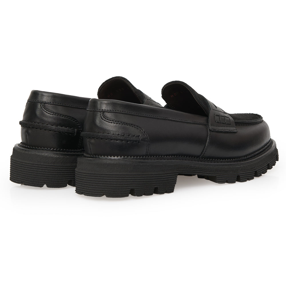 Mocassin Penny Loafer en Cuir Noir avec Semelle Intérieure en Daim et Semelle à Gousset