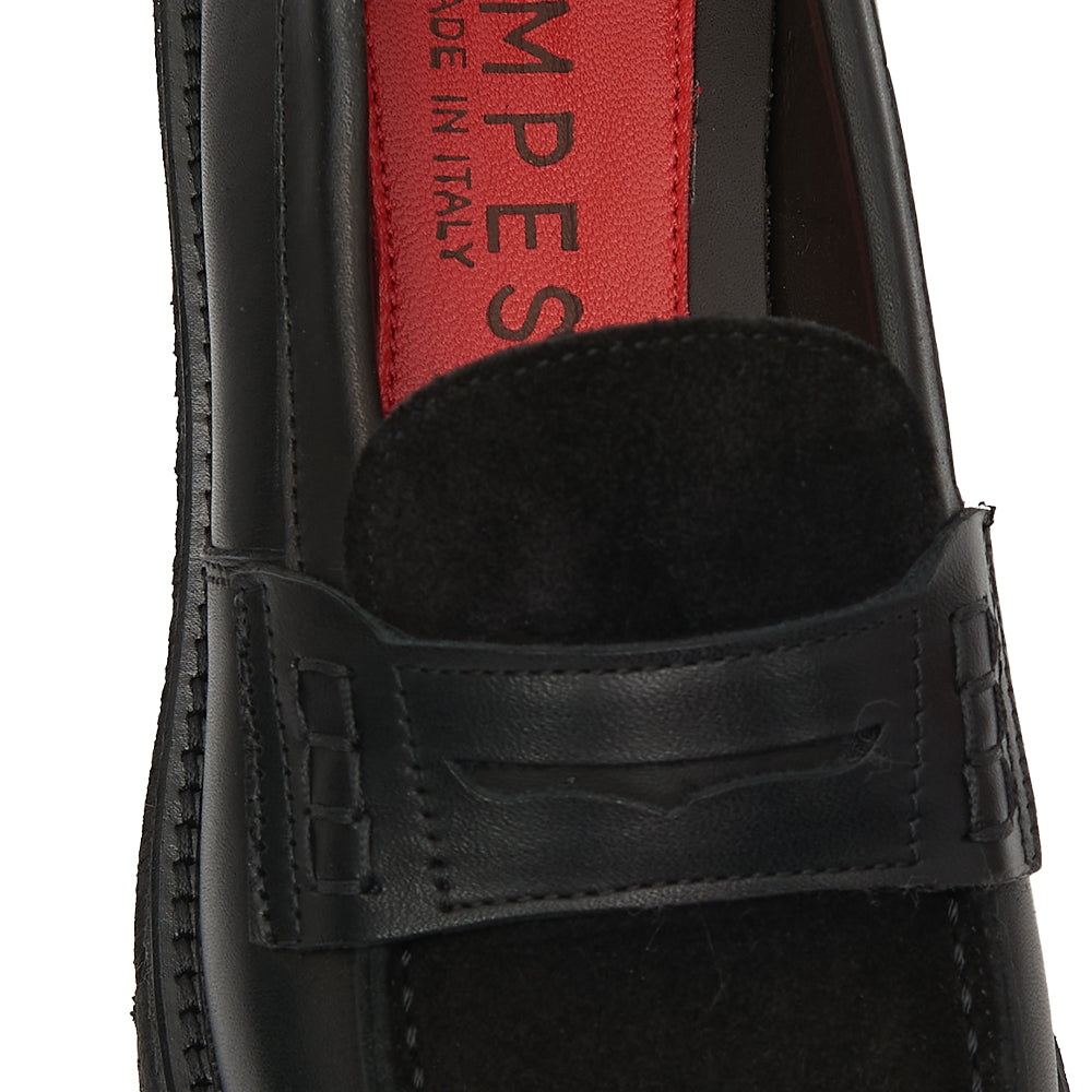 Mocassin Penny Loafer en Cuir Noir avec Semelle Intérieure en Daim et Semelle à Gousset
