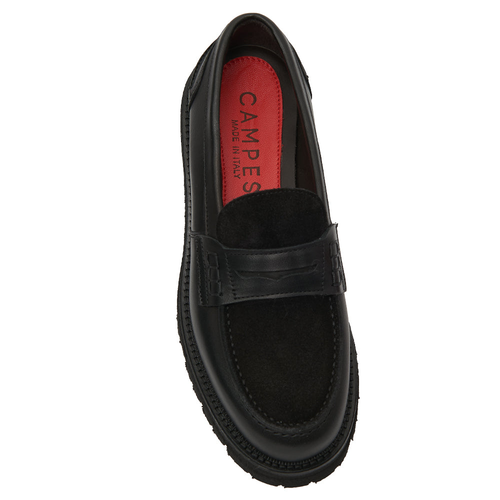 Mocassin Penny Loafer en Cuir Noir avec Semelle Intérieure en Daim et Semelle à Gousset