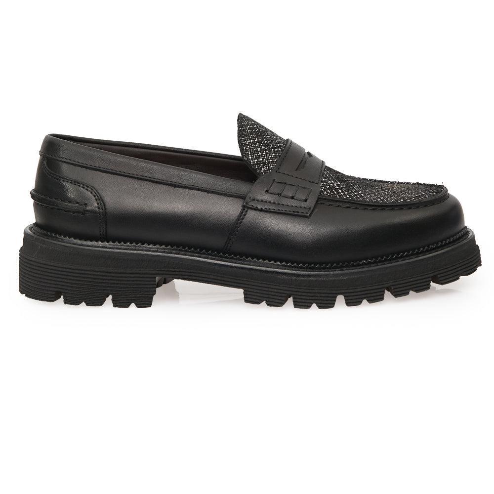 Mocassin Penny Loafer en Cuir Noir avec Empiècement Glitter/Métallisé et Semelle Lug