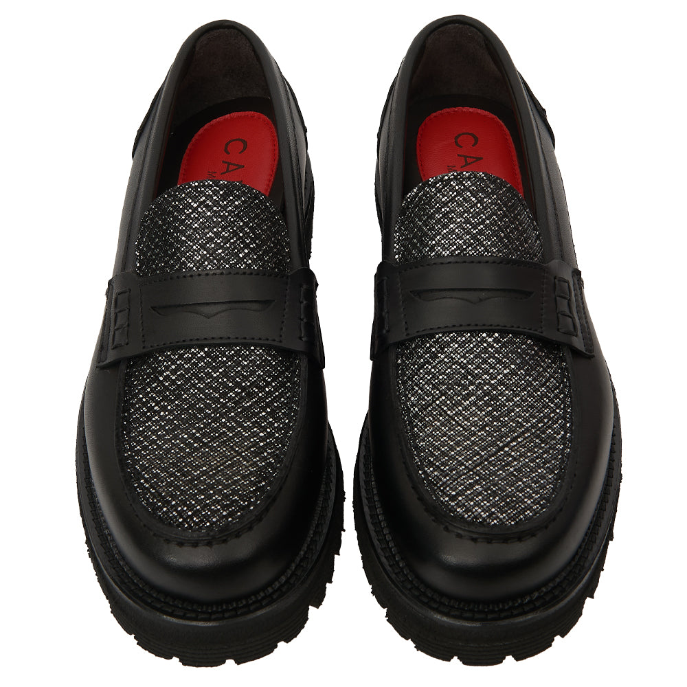 Mocassin Penny Loafer en Cuir Noir avec Empiècement Glitter/Métallisé et Semelle Lug