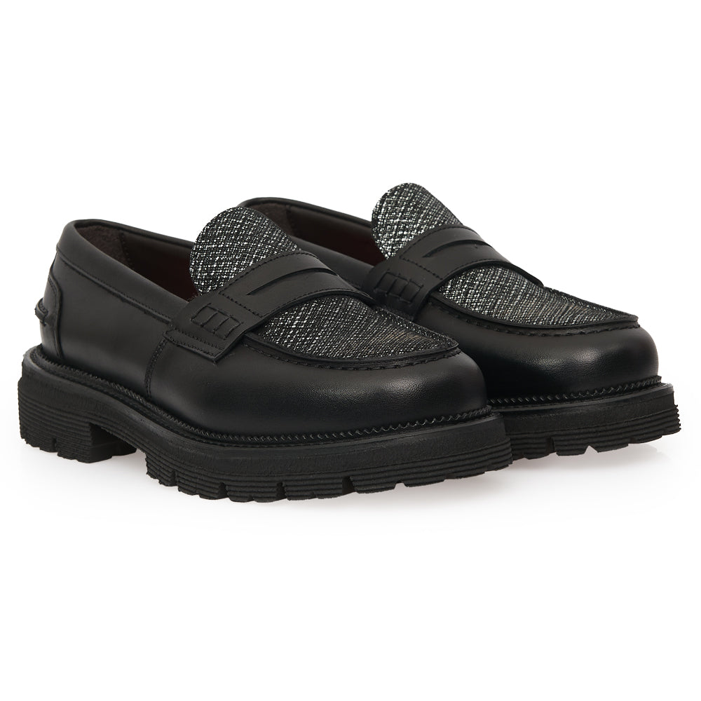 Mocassin Penny Loafer en Cuir Noir avec Empiècement Glitter/Métallisé et Semelle Lug