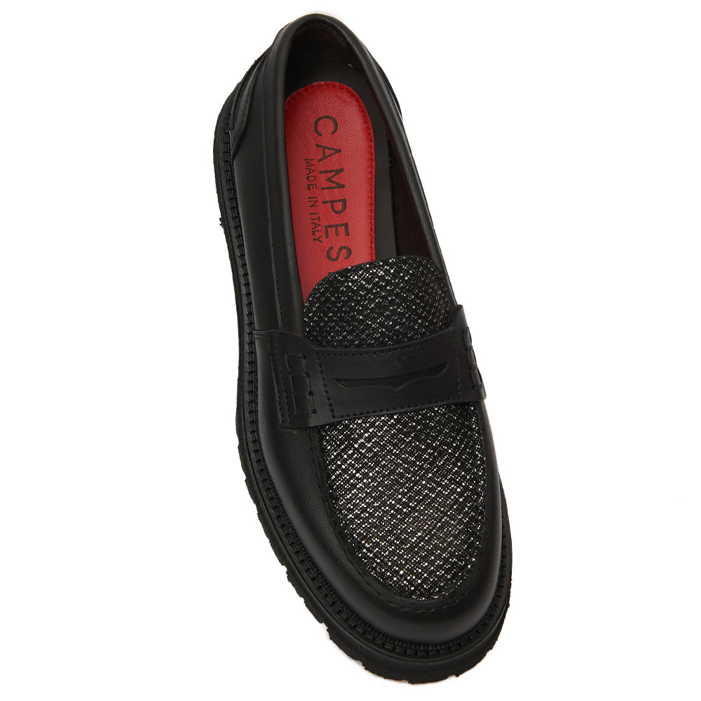 Mocassin Penny Loafer en Cuir Noir avec Empiècement Glitter/Métallisé et Semelle Lug
