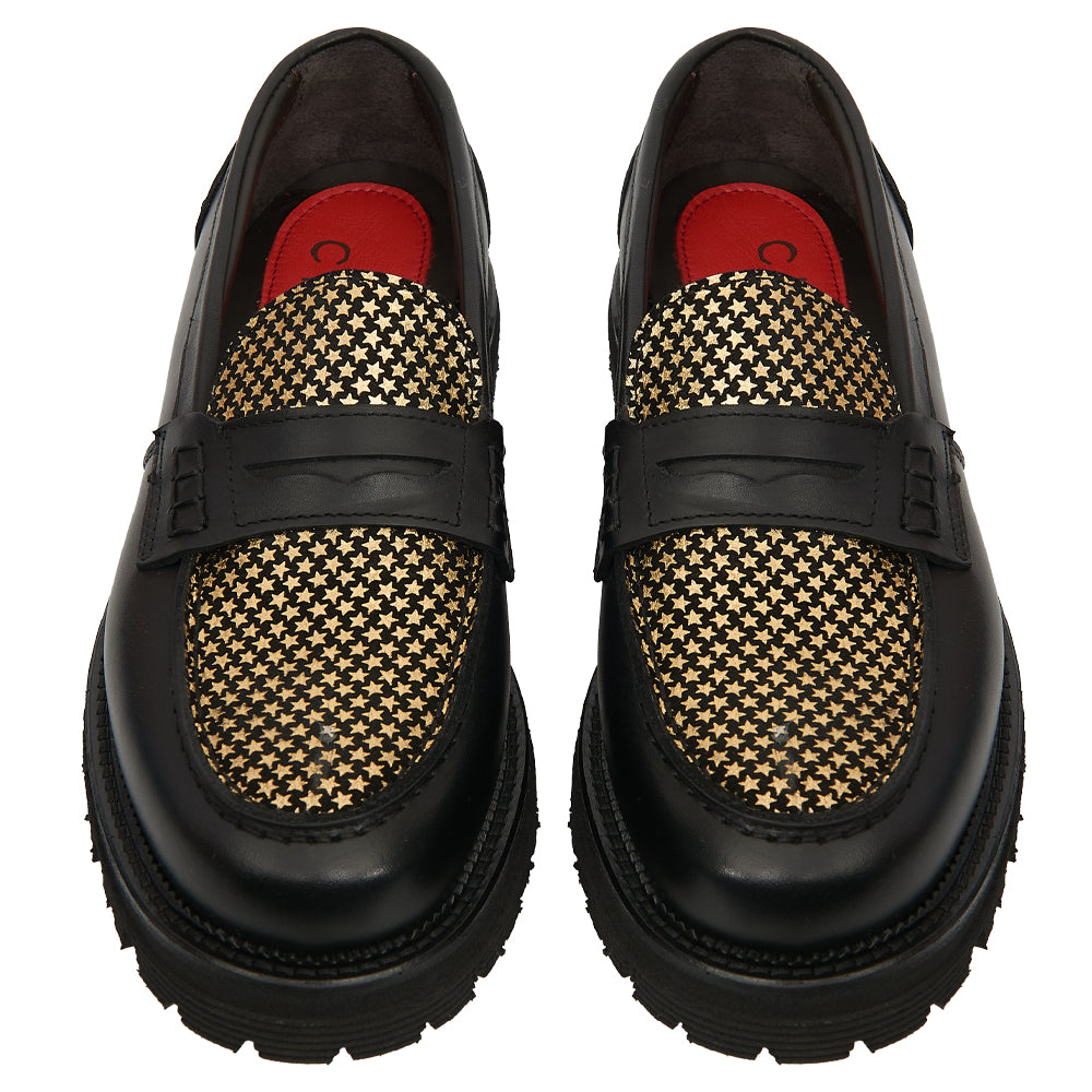 Penny Loafer in Black Leather with Gold Star Studs and Lug Sole