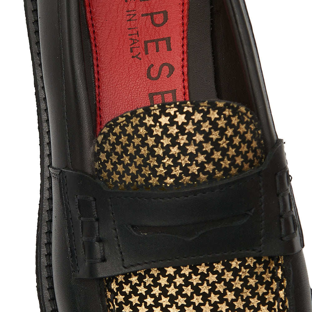 Penny Loafer in Black Leather with Gold Star Studs and Lug Sole