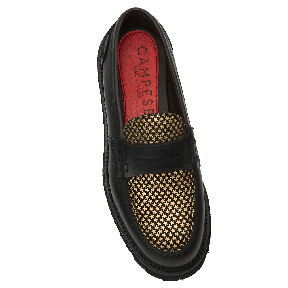 Penny Loafer in Black Leather with Gold Star Studs and Lug Sole
