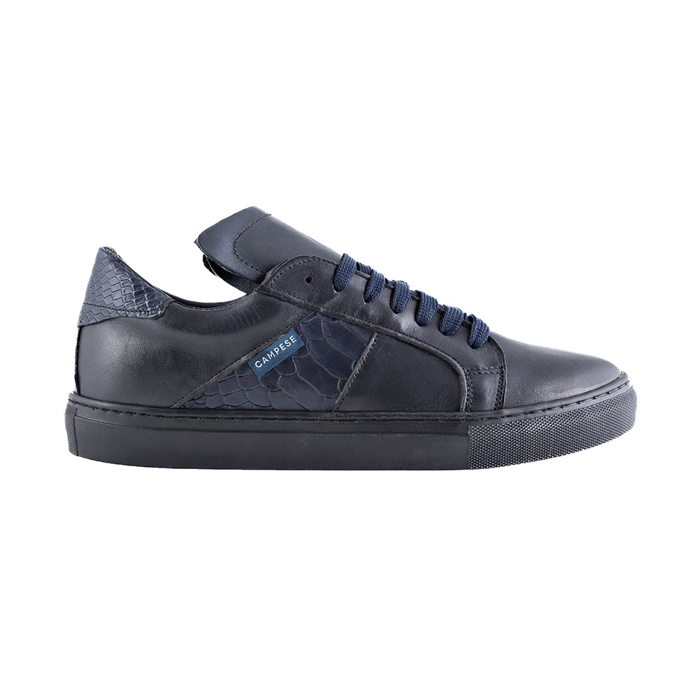 Black leather sneakers with blue inserts